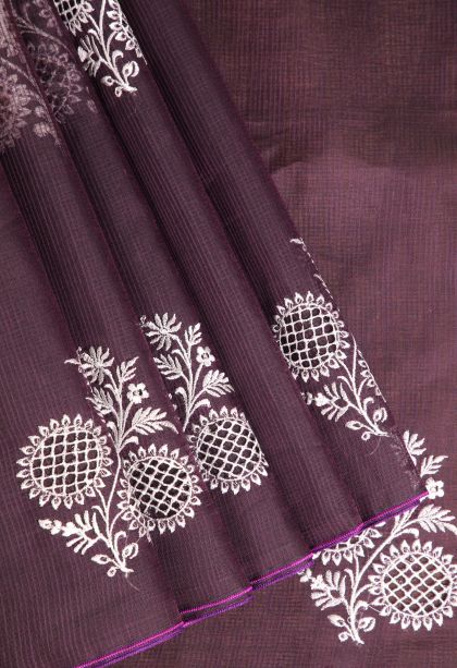 Plum Purple Manipuri Cotton Sarees with Without Zari Zari Floral Patterns