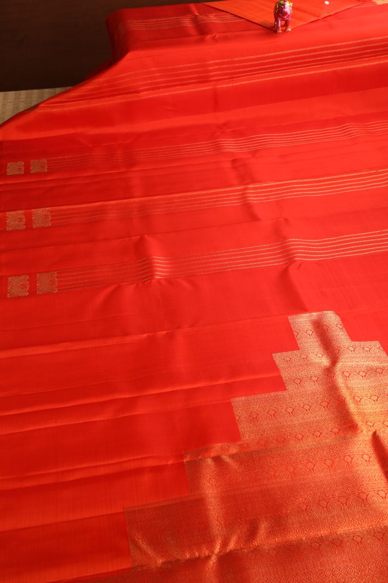 Fire Orange Kanchipuram Silk Sarees with Gold Zari Peacock Motifs view 2