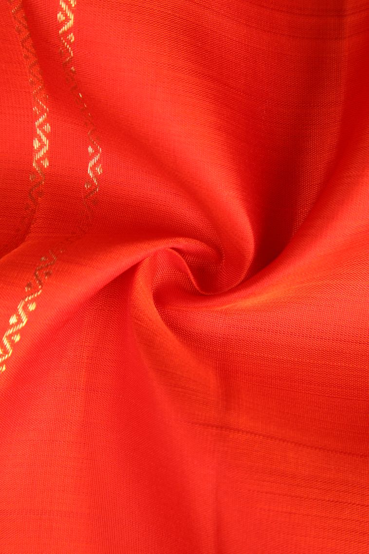 Fire Orange Kanchipuram Silk Sarees with Gold Zari Peacock Motifs view 4