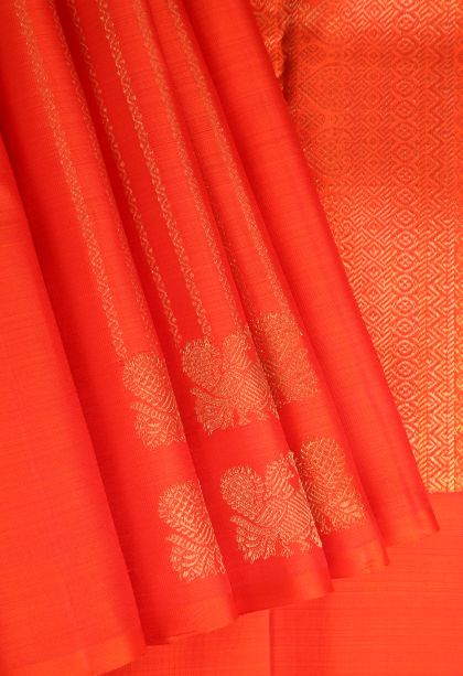 Fire Orange Kanchipuram Silk Sarees with Gold Zari Peacock Motifs
