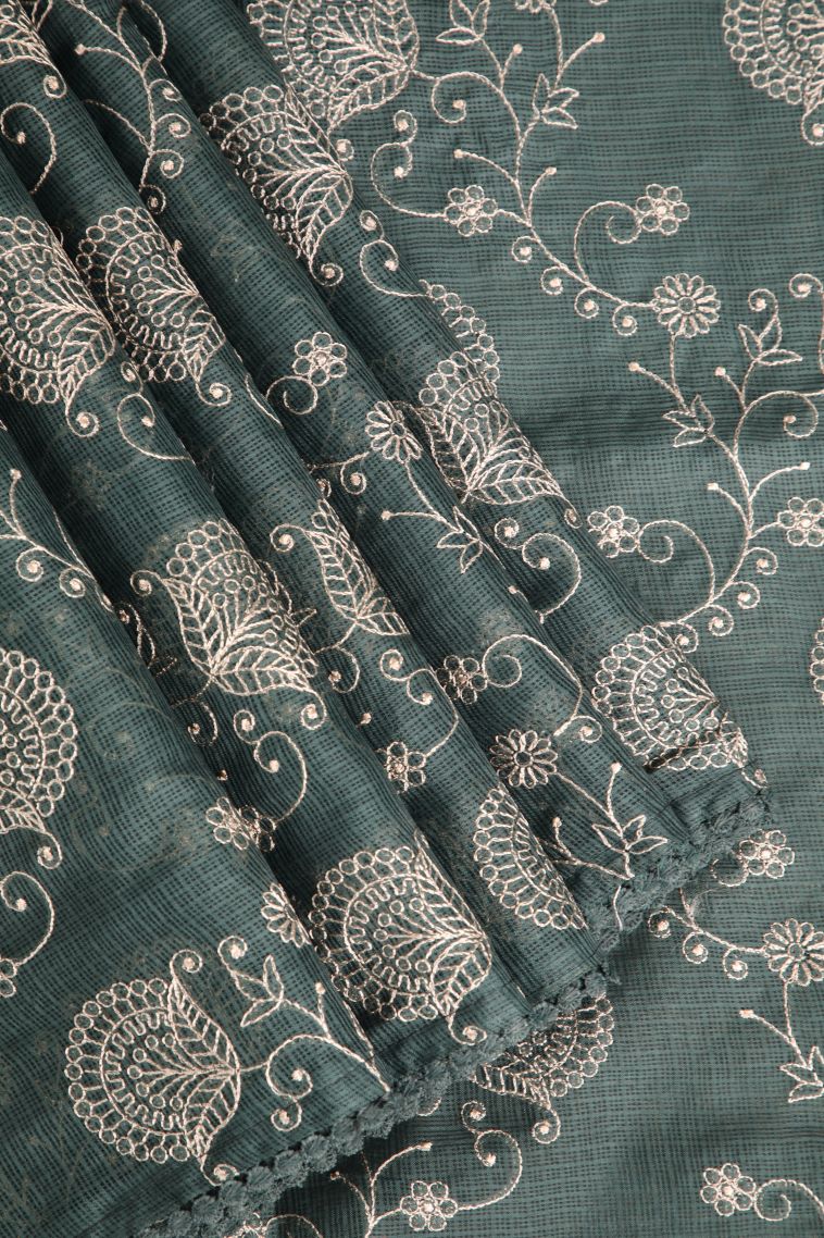 Seaweed Green Manipuri Cotton Sarees with Without Zari Zari Floral Patterns view 1