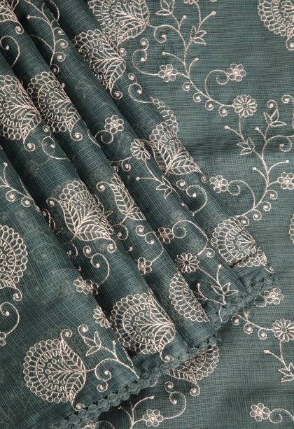 Seaweed Green Manipuri Cotton Sarees with Without Zari Zari Floral Patterns