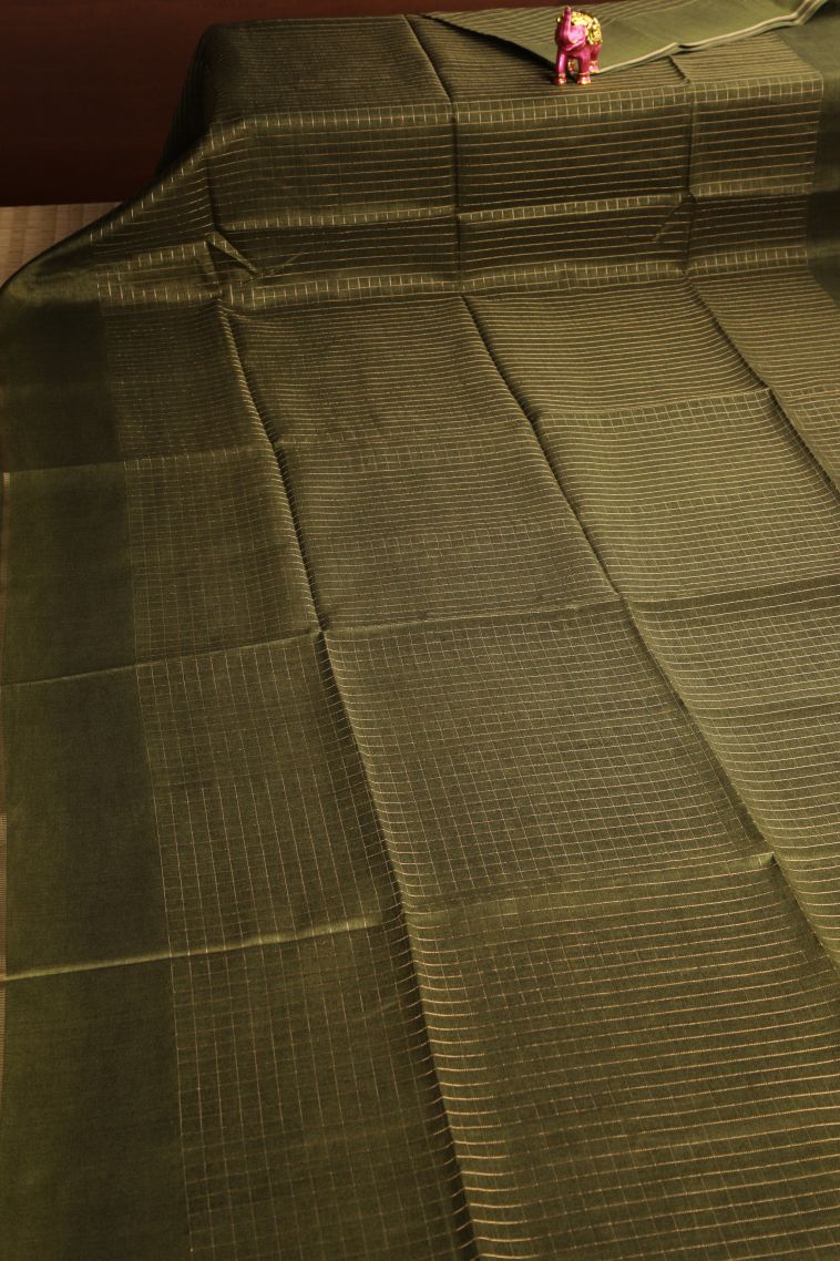 Pickle Green Jute Sarees with Gold Zari Checks view 2