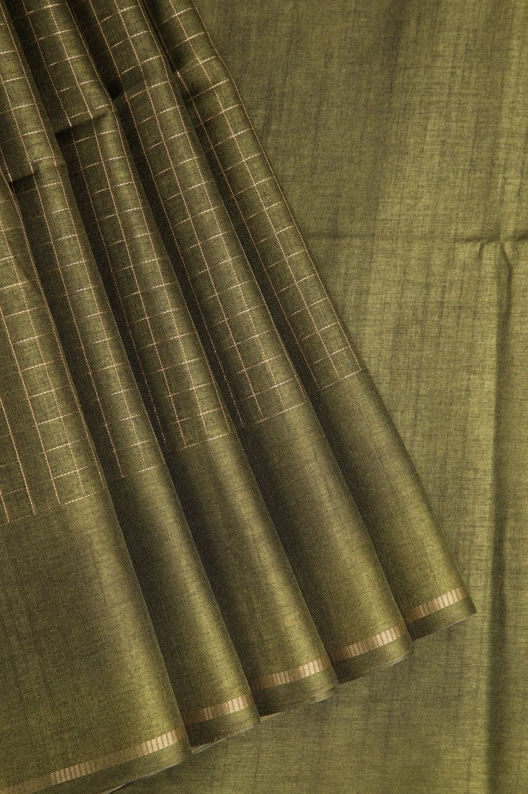 Pickle Green Jute Sarees with Gold Zari Checks view 1