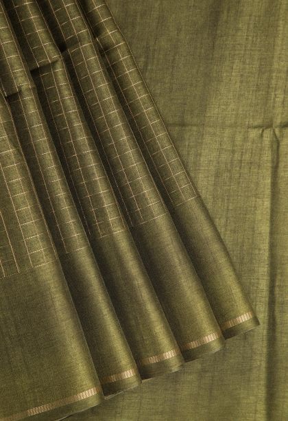 Pickle Green Jute Sarees with Gold Zari Checks