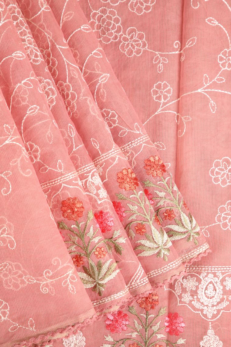 Peach Pink Manipuri Cotton Sarees with Without Zari Zari Floral Patterns view 1