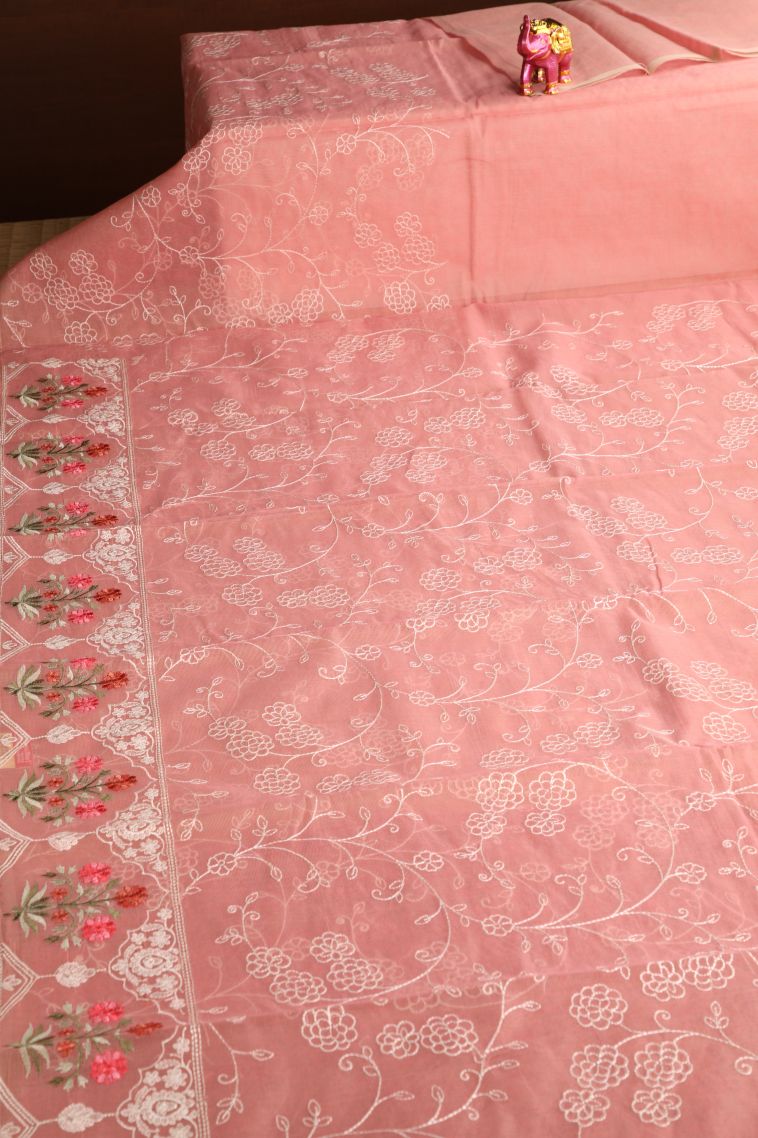 Peach Pink Manipuri Cotton Sarees with Without Zari Zari Floral Patterns view 2