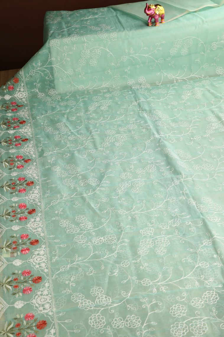 Mint Green Manipuri Cotton Sarees with Without Zari Zari Embroidary view 2