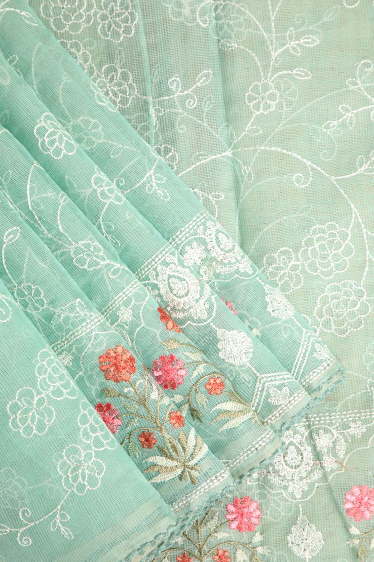 Mint Green Manipuri Cotton Sarees with Without Zari Zari Embroidary