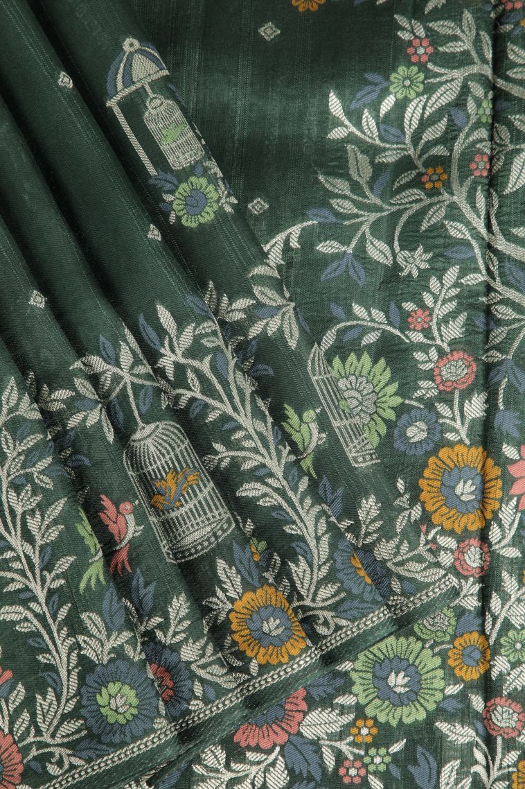 Seaweed Green Banaras Sarees with Silver Zari Birds And Floral Pattern view 1