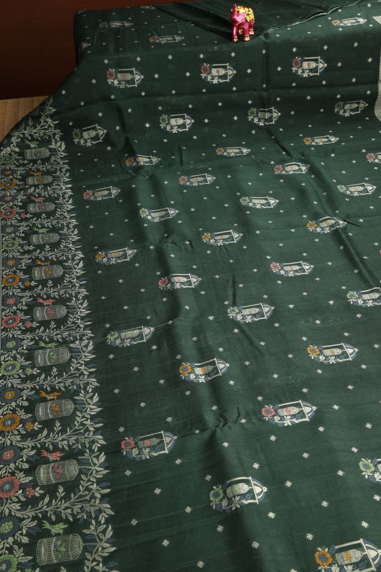Seaweed Green Banaras Sarees with Silver Zari Birds And Floral Pattern view 2