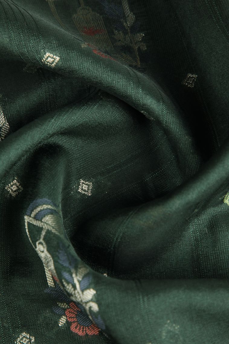 Seaweed Green Banaras Sarees with Silver Zari Birds And Floral Pattern view 4