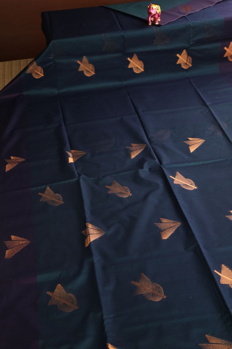 Aegean Blue Silk Cotton Sarees with Copper Zari Geometric Shapes view 2