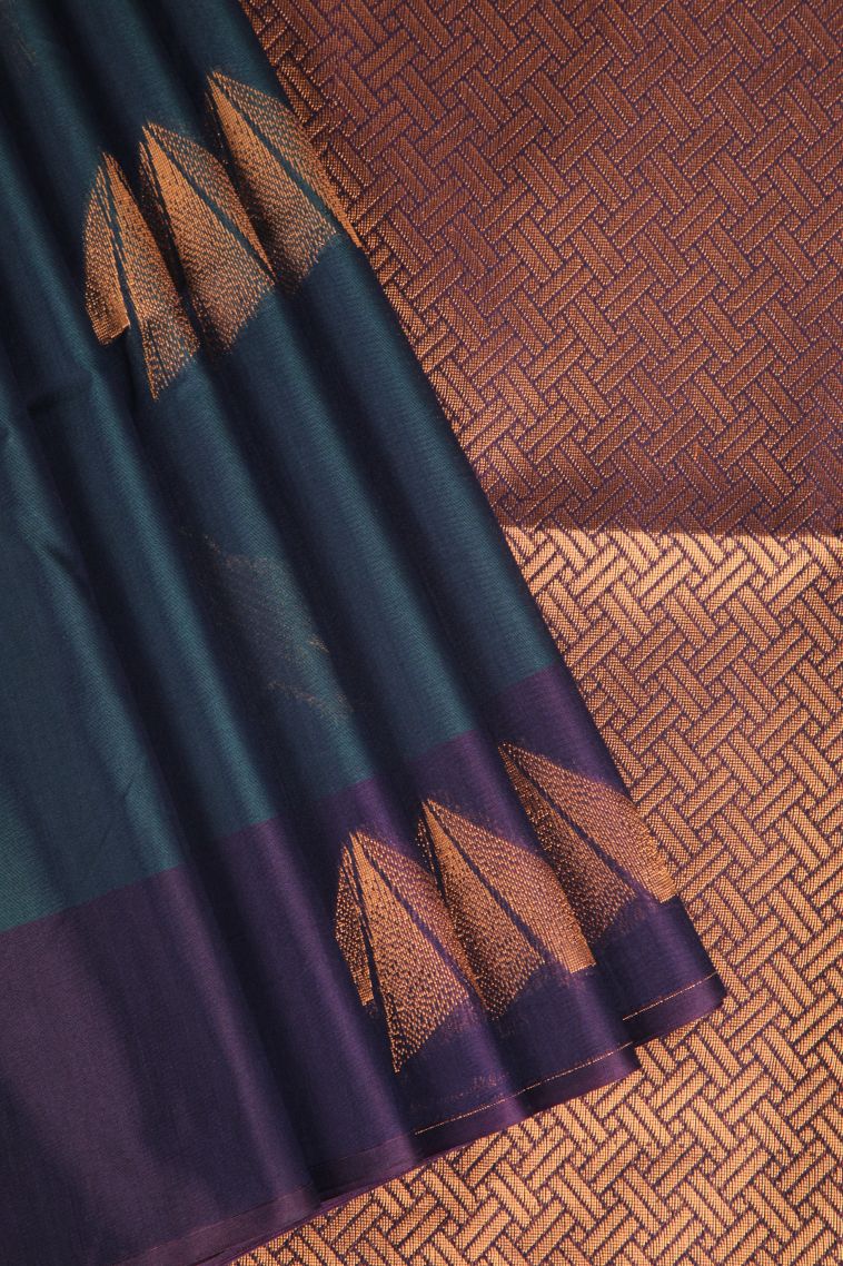Aegean Blue Silk Cotton Sarees with Copper Zari Geometric Shapes view 1