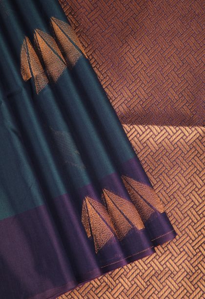 Aegean Blue Silk Cotton Sarees with Copper Zari Geometric Shapes