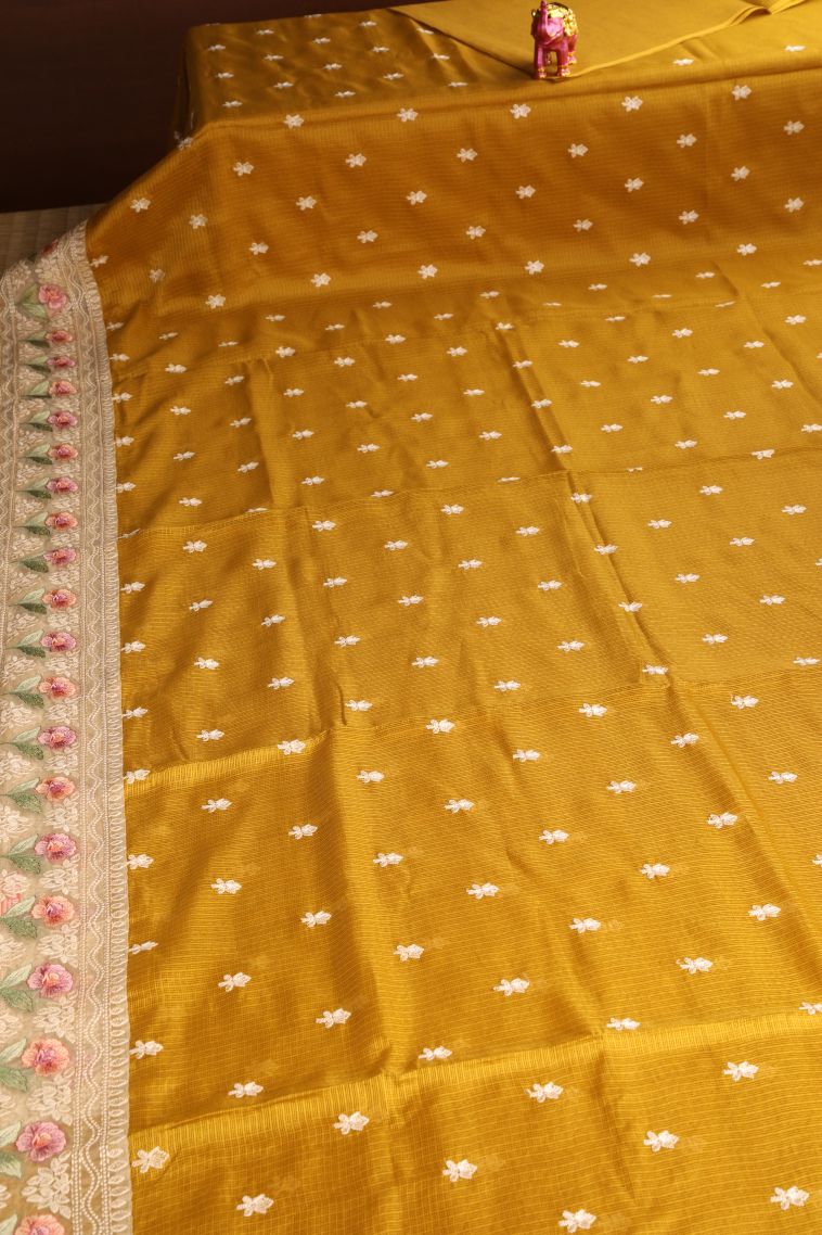 Gold Manipuri Cotton Sarees with Without Zari Zari Floral Puttas view 2