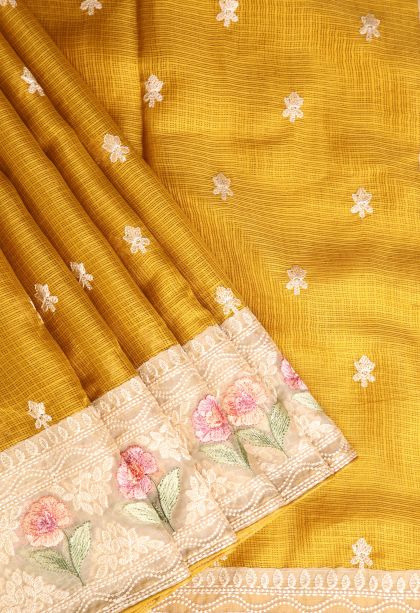 Gold Manipuri Cotton Sarees with Without Zari Zari Floral Puttas