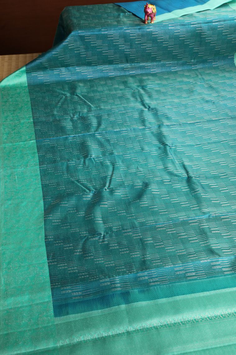 Teal Blue Kanchipuram Silk Sarees with Silver Zari Jacquard view 2