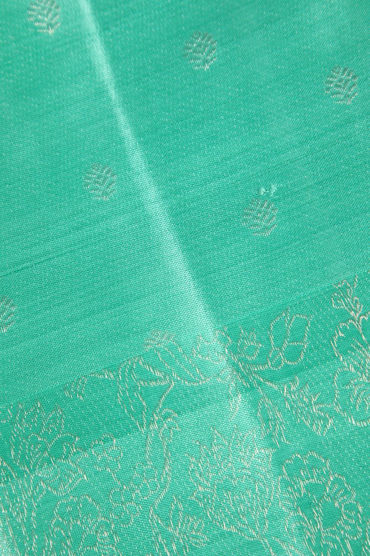 Teal Blue Kanchipuram Silk Sarees with Silver Zari Jacquard view 3