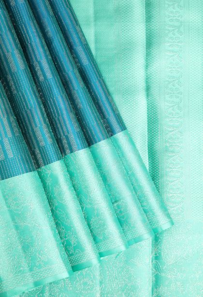 Teal Blue Kanchipuram Silk Sarees with Silver Zari Jacquard