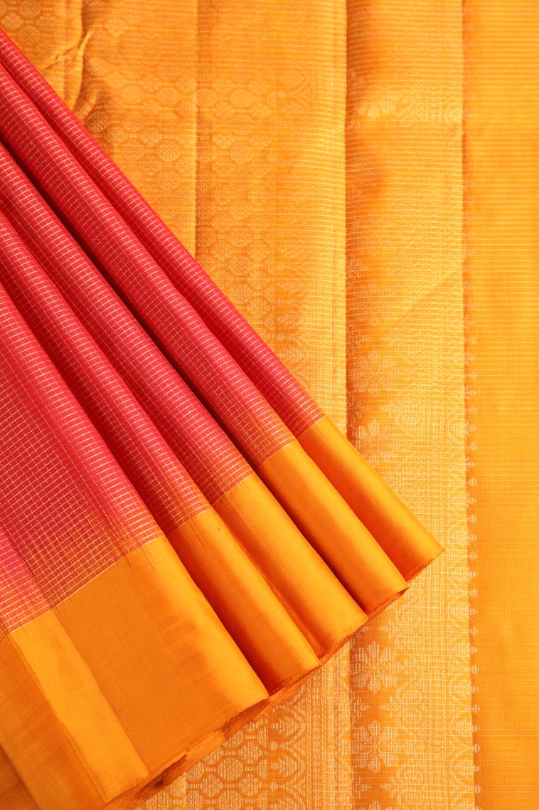 Candy Red Soft Silk Saree with Gold Zari Vaira Oosi Jari Checked view 1