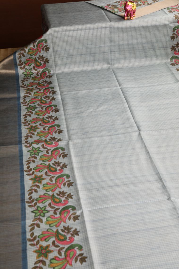 Snow White Semi Tussar Silk with Gold Zari Birds And Floral Pattern view 2