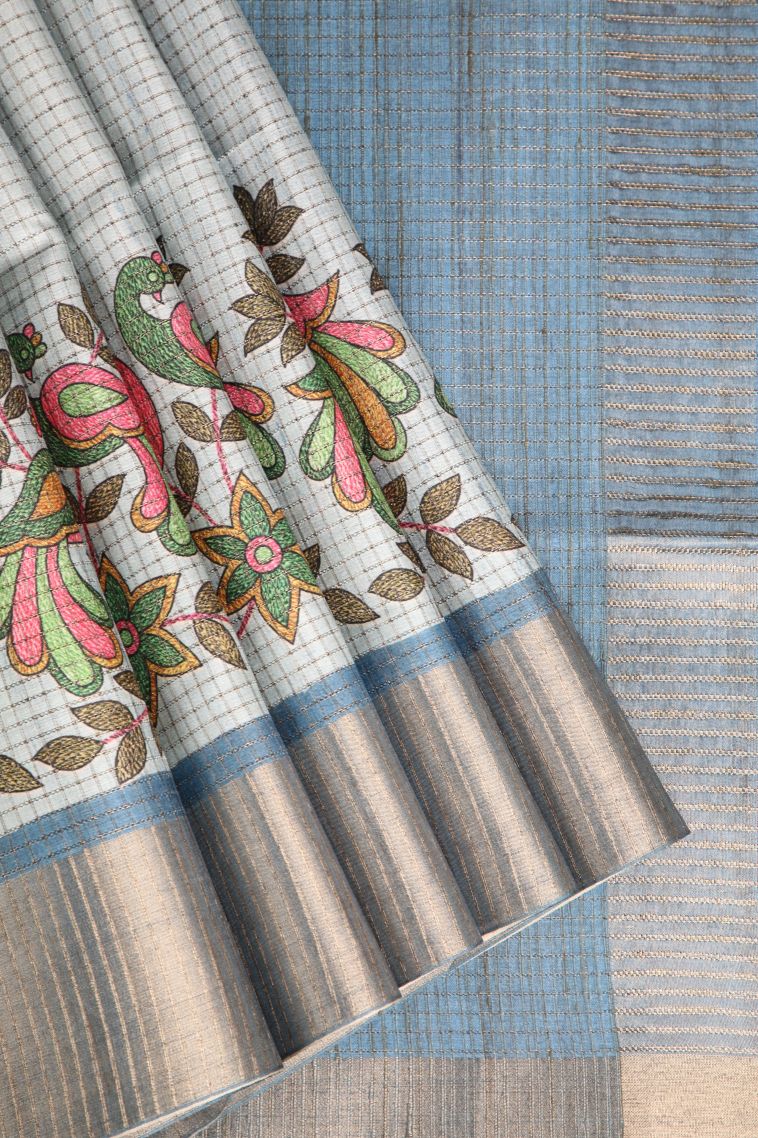 Snow White Semi Tussar Silk with Gold Zari Birds And Floral Pattern