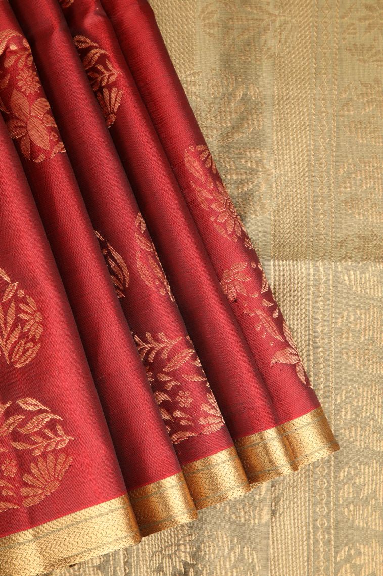 Dawn Red Soft Silk Saree with Gold Zari Floral Patterns view 1