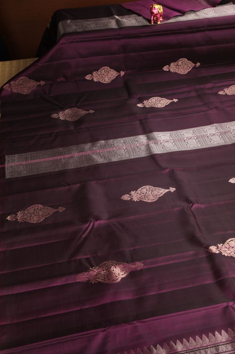 Bosenberry Purple Soft Silk Saree with Gold And Silver Zari Floral Patterns view 2