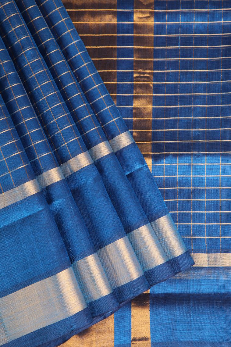 Aegean Blue Silk Cotton with Gold Zari Checks