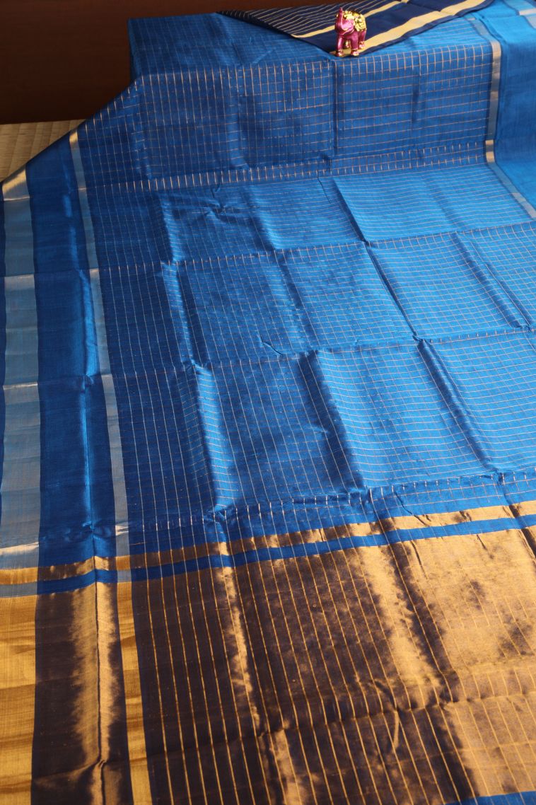 Aegean Blue Silk Cotton with Gold Zari Checks view 2
