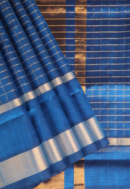 Aegean Blue Silk Cotton with Gold Zari Checks