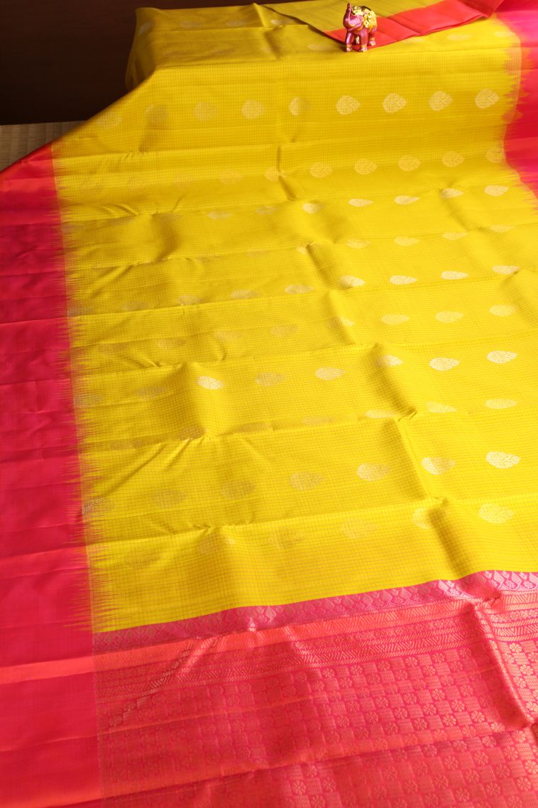 Briht Yellow Soft Silk Saree with Gold And Silver Zari Checks And Puttas view 2