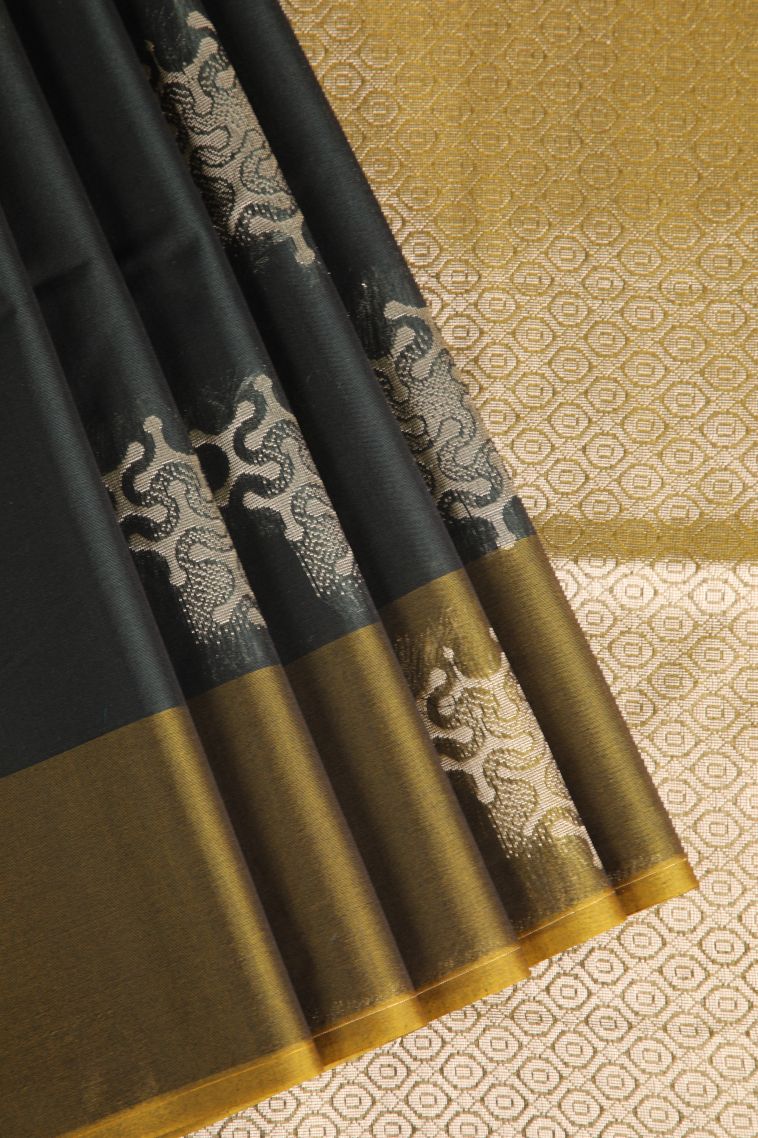 Bottle Green Silk Cotton Sarees with Silver Zari Geometric Shapes view 1