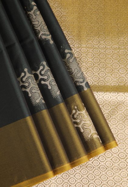 Bottle Green Silk Cotton Sarees with Silver Zari Geometric Shapes
