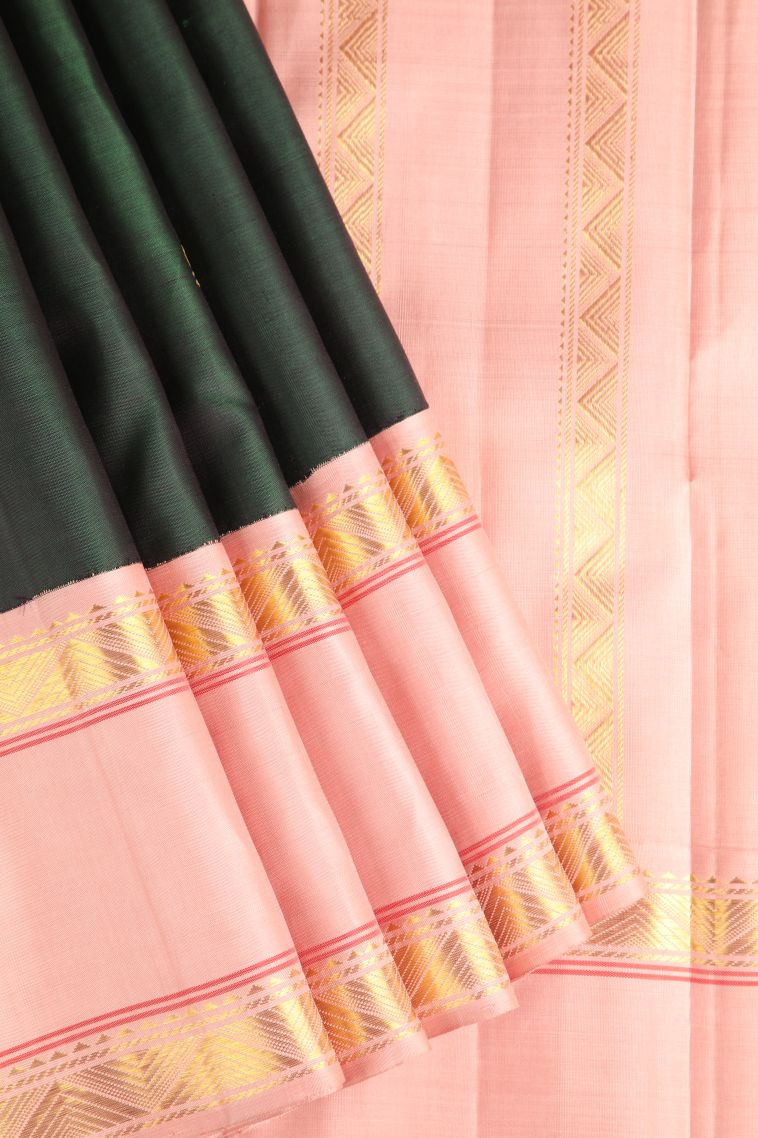 Bottle Green Kanchipuram Silk Sarees with Gold Zari Floral Puttas view 1