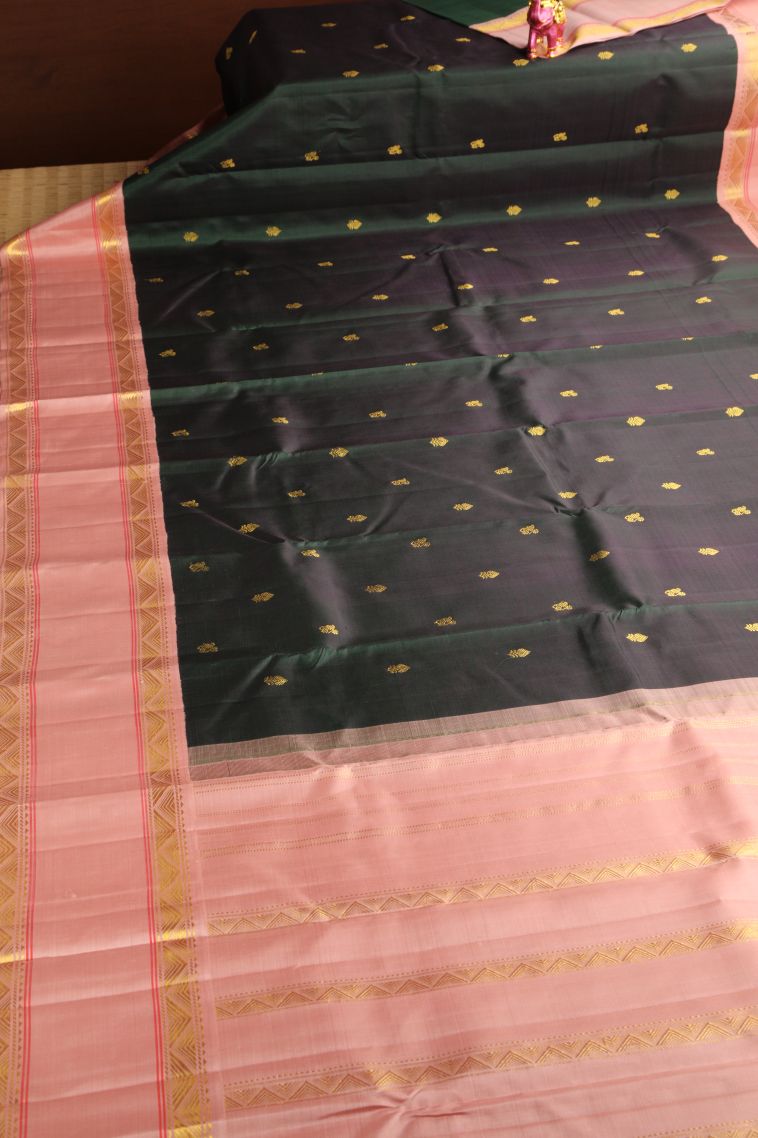 Bottle Green Kanchipuram Silk Sarees with Gold Zari Floral Puttas view 2