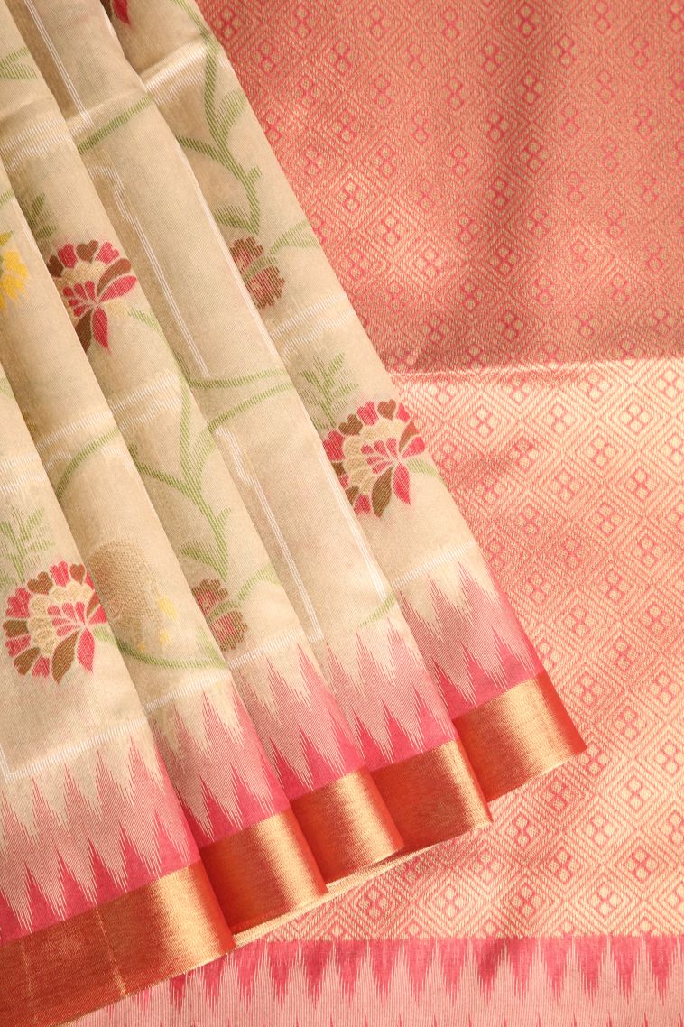 Oat Yellow Jute Sarees with Gold And Silver Zari Floral Patterns view 1