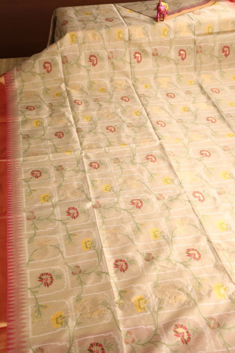 Oat Yellow Jute Sarees with Gold And Silver Zari Floral Patterns view 2