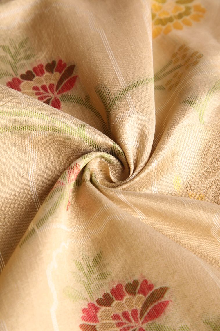 Oat Yellow Jute Sarees with Gold And Silver Zari Floral Patterns view 4
