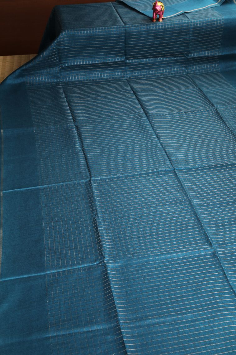 Cerulean Blue Jute Sarees with Gold Zari Checks view 2