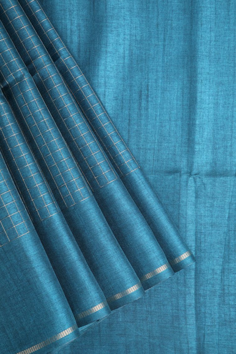 Cerulean Blue Jute Sarees with Gold Zari Checks view 1