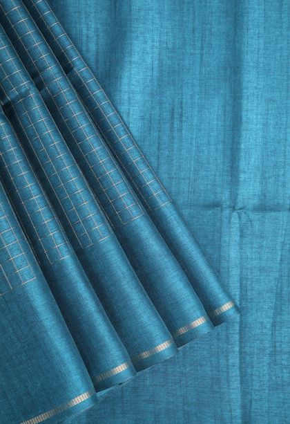 Cerulean Blue Jute Sarees with Gold Zari Checks
