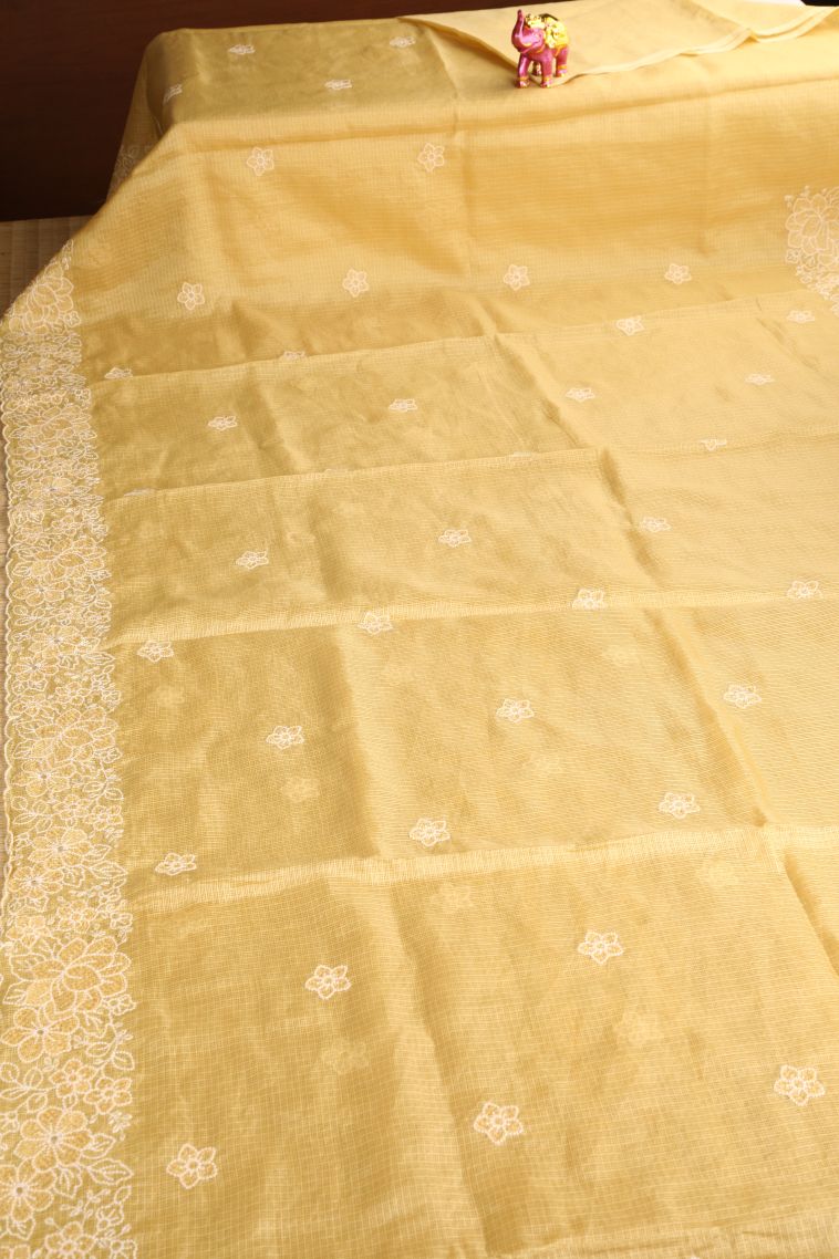 Shortbread Yellow Manipuri Cotton Sarees with Without Zari Zari Floral Puttas view 2