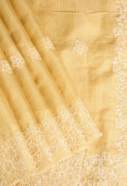 Shortbread Yellow Manipuri Cotton Sarees with Without Zari Zari Floral Puttas