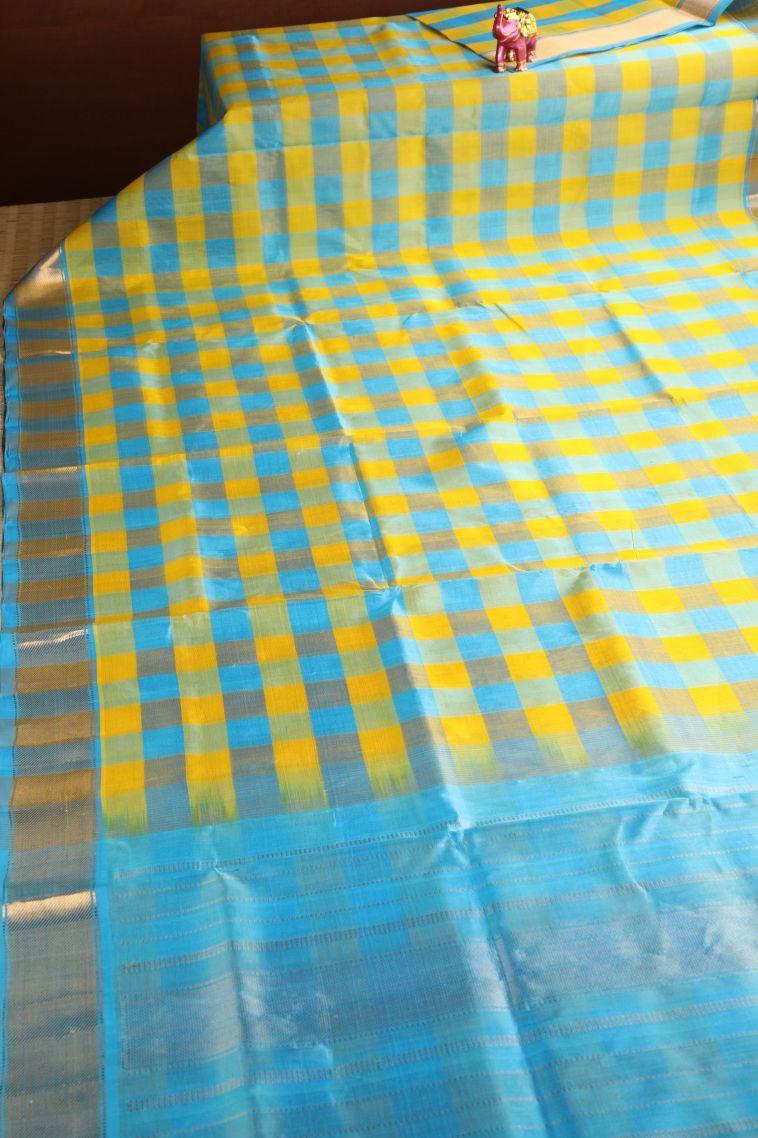 Arctic Blue Silk Cotton with Gold Zari Checks view 2