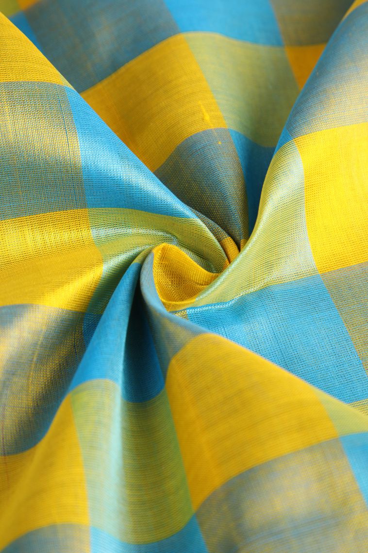 Arctic Blue Silk Cotton with Gold Zari Checks view 4
