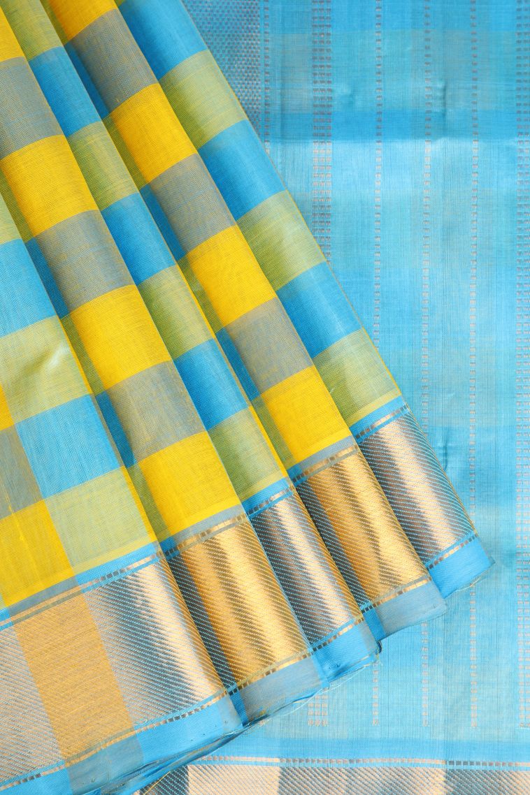 Arctic Blue Silk Cotton with Gold Zari Checks