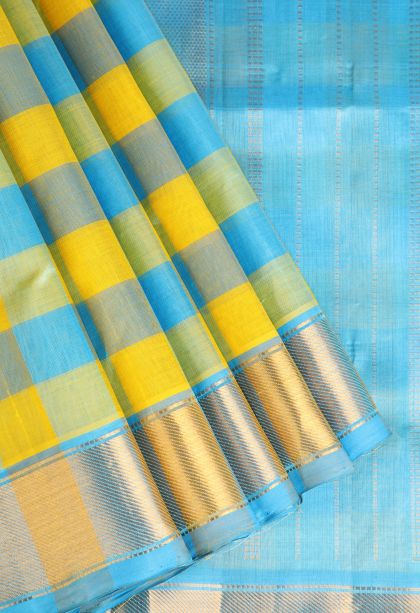 Arctic Blue Silk Cotton with Gold Zari Checks