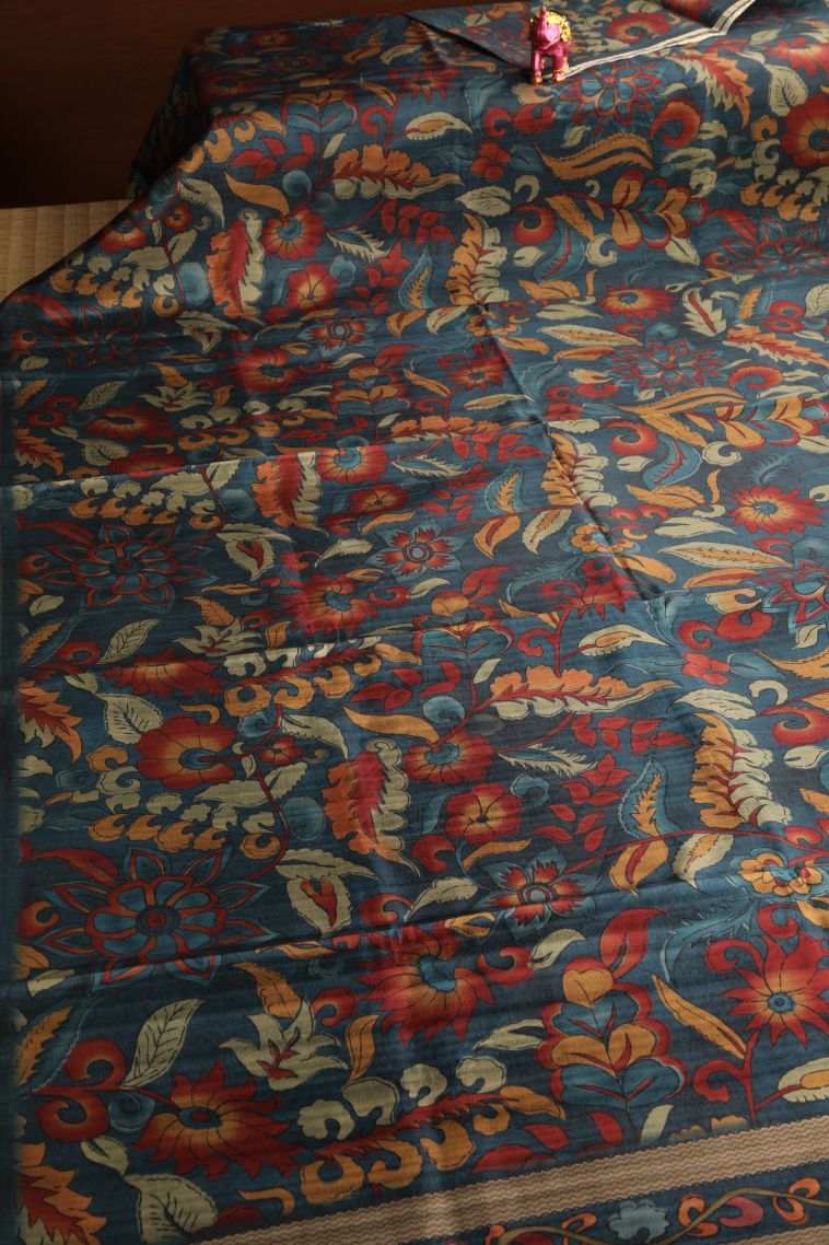 Stone Blue Semi Tussar Silk with Gold Zari Floral Patterns view 2